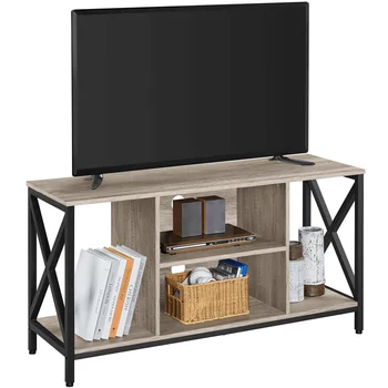 47-инчов промишлена дървена поставка за телевизор с място за съхранение в хола, сив