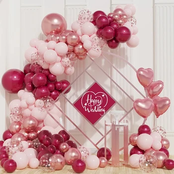 138шт Тема щастлива сватба Розов цвят бордо комплект за гирлянди от балони, арка, оферта за Свети Валентин, украса за парти по случай рожден ден, годишнина