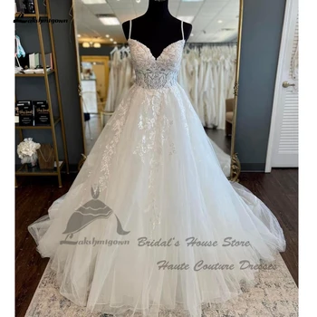 Lakshmigown Луксозни дантелени, бродирани с мъниста, бели сватбени рокли за булката 2023, сватбени рокли принцеса с V-образно деколте, в спагети презрамки