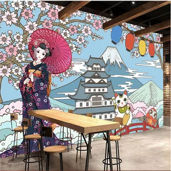 Ръчно рисувани известните забележителности на Япония, стенни картини, 3D кимоно, красота, японска кухня, суши, ресторант, индустриален декор, тапети