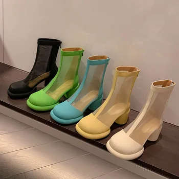 Летни дамски обувки, обувки на платформа, кожени окото сандали, дишащи прозрачни чорапи с най-високо берцем, сандали, новост 2023 г., дамски обувки