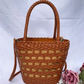 Реколта ежедневна чанта от телешка кожа за ръчна работа с назъбени ръбове, френска квадратна кошница за зеленчуци, чанта