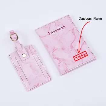 Персонализирана корица за паспорти от мрамор и набор от багажных birk с индивидуален име, корици за паспорти за двойки