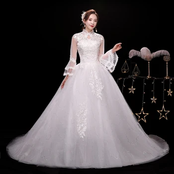 Елегантни булчински рокли с високо воротом и изгорени ръкави, класическата сватбена рокля от тюл с дантела аппликацией, елегантна Vestidos De Новия, по-големи размери