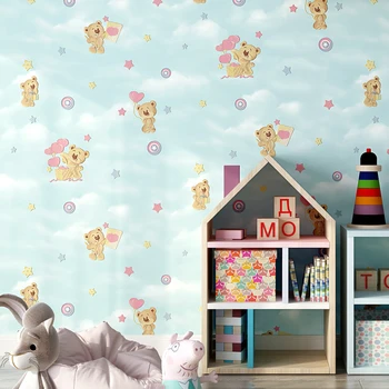 Мультяшные розови сини бежови тапети за детска стая, тапети със сладък мечок, 3d за спални малки момчета и момичета
