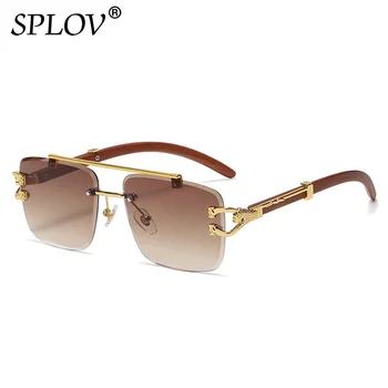Ретро дървени квадратни слънчеви очила, дамски луксозни мъжки слънчеви очила, фирмен дизайн, златни леопардовые очила с двойна греда, декоративни очила с UV400