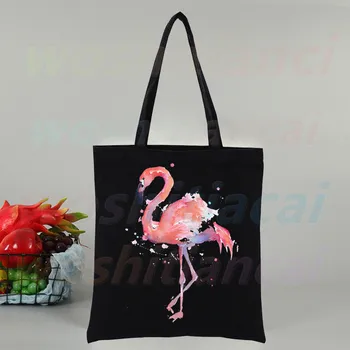 Голяма дамска чанта за пазаруване Flamingo, холщовая чанта-тоут, чанти през рамо, пазарска чанта с принтом, торбички от черен плат, екологично чисти