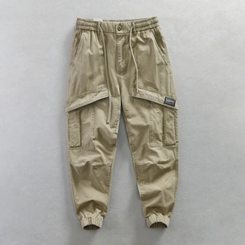 Японски памук случайни гащеризон, мъжки свободни панталони в голям размер, с няколко джобове, тенденция 100, прави панталони с завязками, дълги панталони