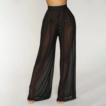 Дамски прозрачни широки панталони в стил бохо с висока талия, дълги плажни свободни мрежести, прозрачни панталони, горещи 3 цвята