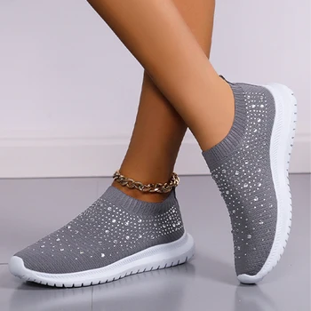 Дамски маратонки от дишаща мрежа с украса във вид на кристали Rimocy, удобни обувки на плоска подметка с мека подметка, големи размери 43, нескользящая ежедневни дамски обувки
