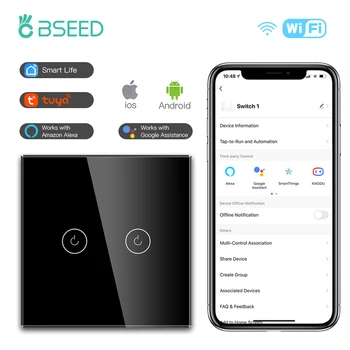 BSEED Стандарт на ЕС 2 gang Wifi, сензорен превключвател 1/2 / 3Way смарт стъклени стенни превключватели Google Home Sasha Алекса Безжична приложението гласов контрол