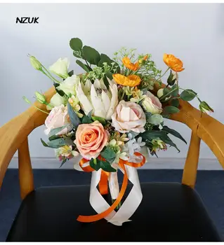 NZUK Жълта коприна изкуствена роза, сватбени цветя, букети за младоженци, държач за ръце, аксесоари за зелени листа, букети за ръце