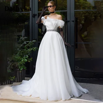 Сватбени рокли Dathyka трапецовидна форма с открити рамене 2023, шифоновый колан за булката, стилен придворен струята, сватбената рокля без презрамки
