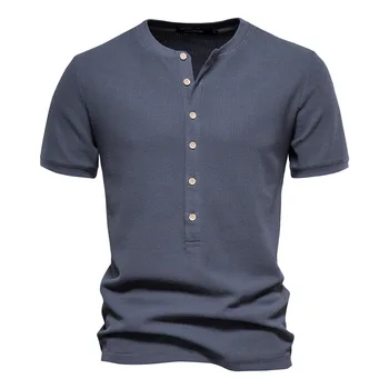 Висококачествена мъжка тениска, трикотажная тениска с къс ръкав и кръгло деколте, мъжки однотонная европейската вафельная тениска