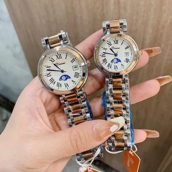 Неутрални чист дамски часовници е от неръждаема стомана, ръчен часовник за любителите на бизнеса, фаза на Луната, Римски часовник, календар, Waterpoof, мъжки часовник
