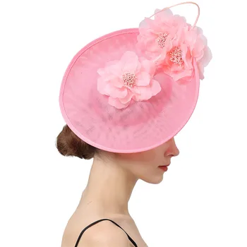 Реколта големи шапки за коса Kenducky, дерби, шапки за църквата, елегантни дамски филц шапки, необичайни розови копринени шапки с цветя