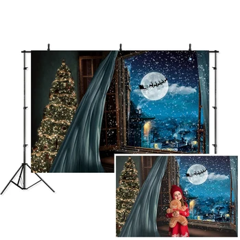 Снимки на Профила на Перваза на прозореца Неясен-Синя Звездна нощ Снежинка Снимка Фон Коледен Фон за фото студио