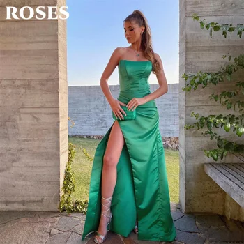 Розово-зелена рокля трапецовидна форма за бала, обличам знаменитост, без презрамки, секси вечерна рокля с висока цепка, вечерна рокля, безплатна доставка 프롬 드레스