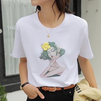 Тениска с къс ръкав и бисерным принтом, Женска Тениска, Корея, Модна тениска с кръгло деколте, Дамски Тениски Camisetas Mujer