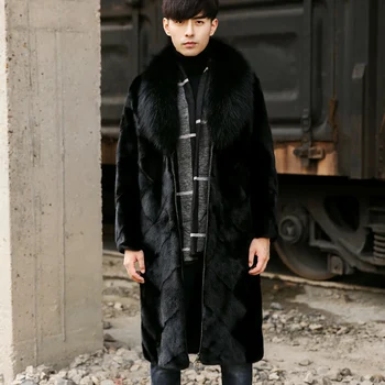 Мъжки модни черно палто, X-long от кожа на норка, яке с голям кожа яка, топло и удобно