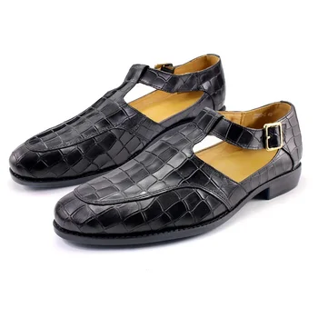 Кожени мъжки сандали, текстурирани официалната обувки в клетката, casual стил, сандали с метални копчета, офис мъжки обувки кожени обувки