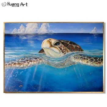 Модерна декорация на хола Морски пейзаж Ръчно рисувани висококачествено съвременно животно на Морска костенурка Живопис с маслени бои върху платно за декора на стените