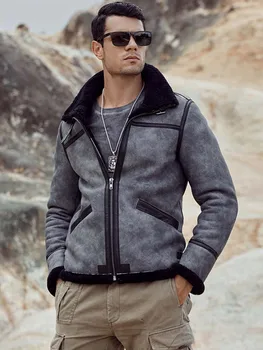 Ново мъжко яке от овча кожа, B1, кратко меховое палто, сива кожа палто, модни мотоциклетът на горно облекло