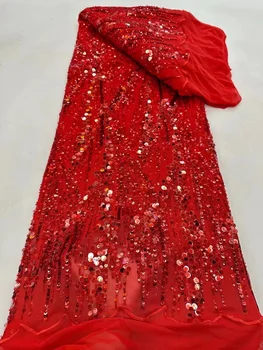 Червена луксозна африканска лейси плат 2023, благородна сватбена лейси плат, ръчно изработени, на бродирани с мъниста, пайети, бродерии за нигерийски сватба