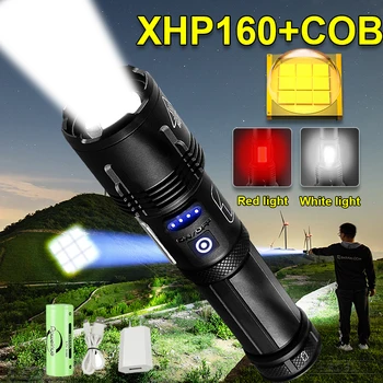 XHP160 Мощен led фенерче XHP90, мощен COB-фенерче, акумулаторна батерия и USB-тактически фенер 18650, лампа за къмпинг