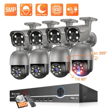 Techage 8CH 5MP Система охранителна Камера за Нощно Виждане за Откриване на Човек POE, PTZ Камера Външно Комплект за Видеонаблюдение Камери P2P