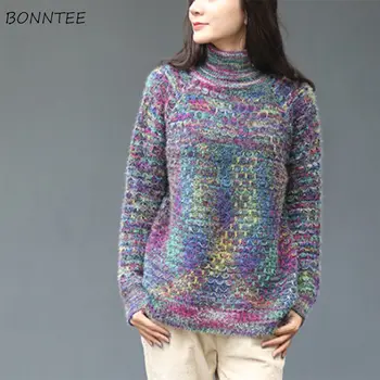 Пуловери, дамски поло, вязаный пуловер в стил мозайка, еластичен, свободен, есента Новият корейски Елегантен женски стилен дизайн, лек и уютен
