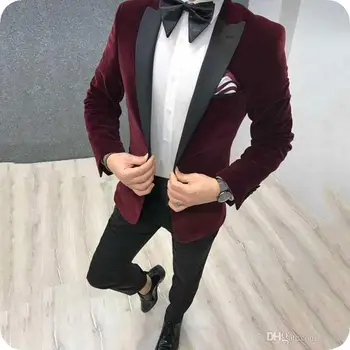 Костюм Homme 2019, дизайнерски панталон, оборудвана смокинг, мъжки моден костюм, сватбен костюм на младоженеца за мъже, кума, бордо velvet блейзър