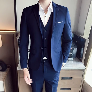 (Костюм + жилетка + панталони) мъжки костюм най-добрият човек, костюм на младоженеца за сватбен банкет, обикновен бизнес однобортный костюм за самоусъвършенстване