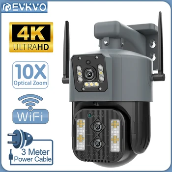 EVKVO 4K 8MP PTZ тройна обектив IP камера с двойна екран, 10-кратно оптично увеличение на WiFi външна камера за сигурност за нощно виждане Автоматично проследяване