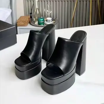 Дамски чехли в двойна платформа от естествена кожа, модерен открит пръсти с квадратни пръсти, големи размери 43, обувки на масивна висок ток