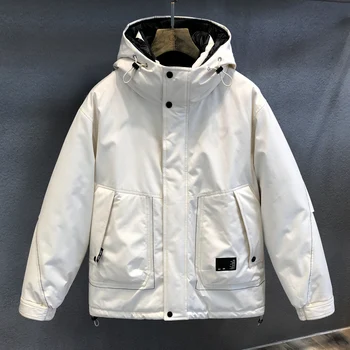 2023 Мъжки зимни модни ежедневни дебели якета, мъжки ветроупорен якета на бял утином топола, мъжки однотонная горна дреха с качулка, H474