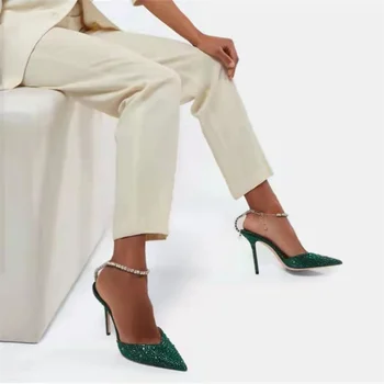 2023 Есенно-зимните Модни дамски сандали без закопчалка на висок ток-висок ток с остър пръсти, чубрица сандали на висок ток с диаманти/Rhinesto