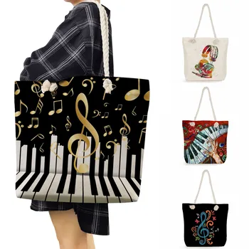 Чанти с принтом музикални ноти голям капацитет за жени, дамски чанти през рамо, чанти-тоут, китара, пиано, графика, градинска мода за пътуване