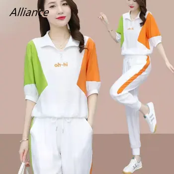 Лято 2023 Подходящи комплекти Корейски изработена спортен стил комплект от две части с къс ръкав и еластичен колан Лятна дамски дрехи с принтом