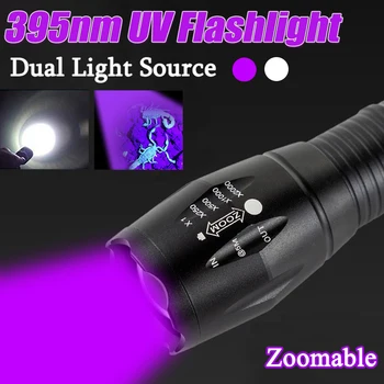 Виолетово-бели светлини с двойна светлина, ултравиолетово фенерче с увеличение, разтегателен UV фенерче, лампа за откриване на флуоресцентни агенти