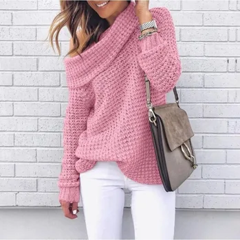 Пуловер оверсайз, дамска мода, есен, женски 2023, нов, топ, монофонични свободен вязаный пуловер с дълъг ръкав, женски