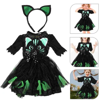 Бебешка рокля с котка за момичета, превръзка на главата, детски костюм за Хелоуин, празнична дрехи за момичета