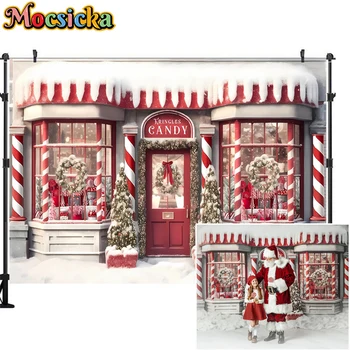 Коледен магазин Mocsicka, Снежна улица фон за снимки, зимна портрета фон, Коледен художествен реквизит за рожден ден, професионален реквизит