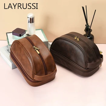 LAYRUSSI, косметичка голям капацитет, органайзер за грим на двоен цип, мъжка кожена чанта за тоалетни принадлежности, богат на функции косметичка