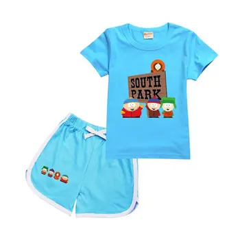 Летни дрехи за момчета и момичета, модни детски тениски с анимационни принтом, топ + ежедневни панталони, комплект от 2 теми, детски спортен костюм