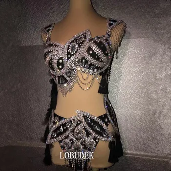Комплект бикини от черни страз, секси жена с костюм за града-певица, сутиен-шорти с кристали, комплект от 2 теми, с костюм на танцьорка в нощен клуб