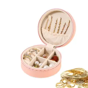 Малка кутия-органайзер за бижута кръгла органайзер за бижута, изкуствена кожа, за пътуване, преносим малък калъф за бижута, пръстени, обеци, колие