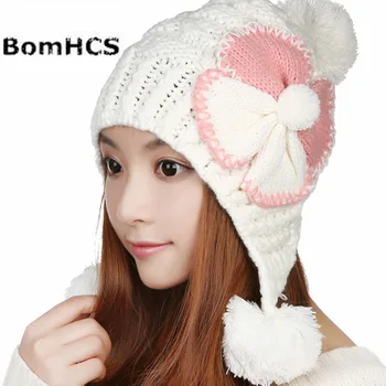 BomHCS, 5 цвята, кавайная хубава зимна топла съединител за уши, дамски вязаная шапка ръчна изработка, права шапчица-бини с голямо цвете