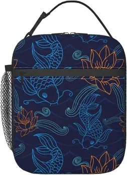 Златната Рибка Синьо Японското Изкуство Lotus Чанта за Обяд Множество Запечатани Чанта за Хранене е Подходящ за Работата, на Училище, на Пикник, Туризъм