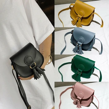 Детски малка чанта през рамо от изкуствена кожа, сладък аксесоари с пискюли, детска чанта-портмонета, чанти през рамо за момичета, портмонета и чанти